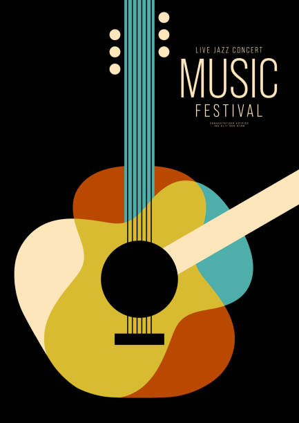 ilustraciones, imágenes clip art, dibujos animados e iconos de stock de plantilla de diseño de póster de música decorativa con guitarra - guitarra