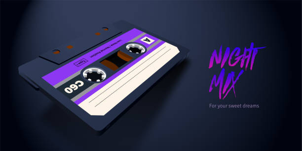 Compact cassette with C60 tape in perspective view Compact cassette with C60 tape in perspective view for 80s styled covers, banners and party posters mixtape stock illustrations