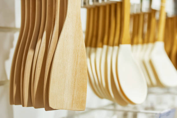 istock Shop window with wooden kitchen utensils. 1313212176