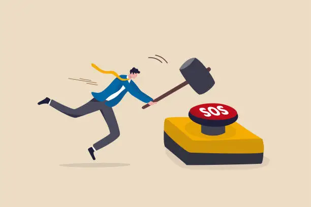 Vector illustration of SOS call for business help, emergency support needed in economic crisis or signal for financial stock market crash concept, smart businessman in hurry hit the SOS button with big hammer.