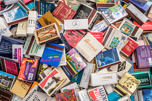 Sibiu city, Romania - 11 April, 2021. Old matches boxes from different country