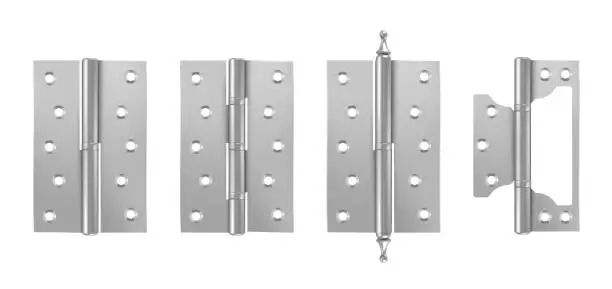 Vector illustration of Metal door hinges, silver construction hardware