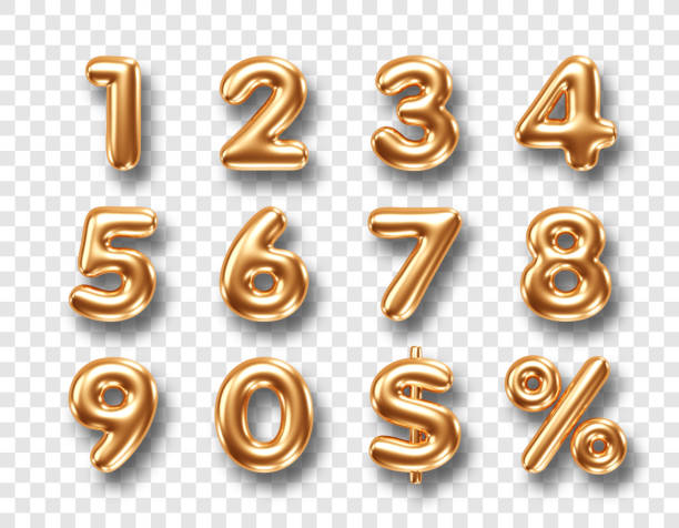 liczby trójwymiarowe - number 4 gold number three dimensional shape stock illustrations