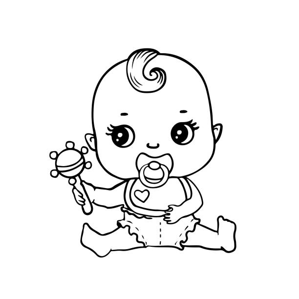 Cute Baby In Diaper With Rattle For Coloring Page Or Book Black And White  Vector 10 Eps Illustration Of Cartoon Child Character Stock Illustration -  Download Image Now - iStock