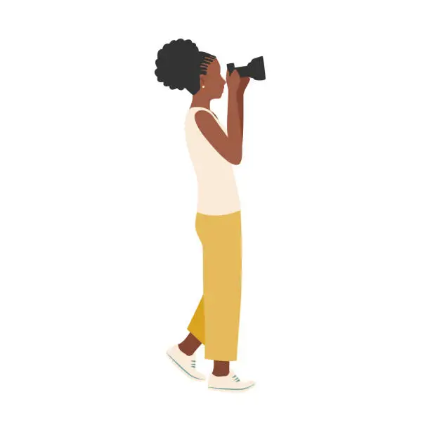 Vector illustration of Beautiful black girl photographer with a camera