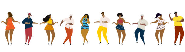 ręcznie rysowana ilustracja wektorowa różnych osób - mężczyzn i kobiet z różnych wielorasowych tle tańca happy fun dance. bezszwowy baner. - cuban ethnicity illustrations stock illustrations