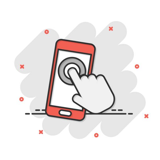 istock Hand touch smartphone icon in comic style. Phone finger vector cartoon illustration on white isolated background. Cursor touchscreen business concept splash effect. 1313227433