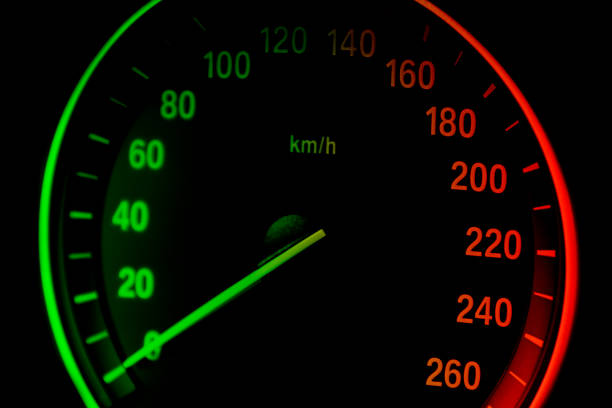 istock Car instrument panel dashboard closeup with visible speedometer, car interior details in green an red tones 1313231597