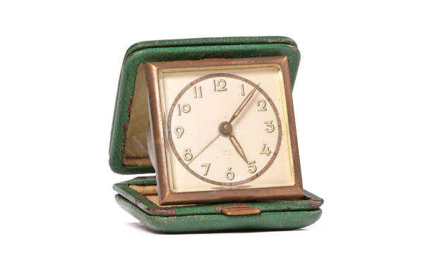 istock Old green folding travel alarm clock on white background 1313233410