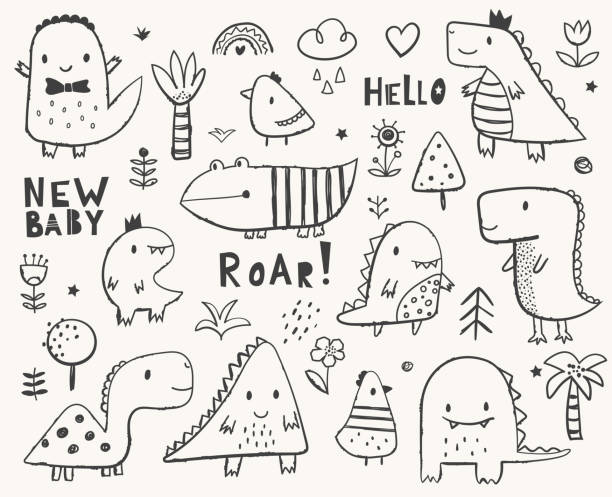 Cute monsters, dinosaur set. Cute monsters, dinosaur set, baby shower design elements. Perfect for children coloring books or t-shirts print. Hand drawn vector illustration, Scandinavian style black and white party stock illustrations