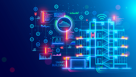 Building design concept. Engineering of autonomous system of smart building. Drafting of communications of house. Project development of apartment house. Architectural drawing, blueprint of facade.