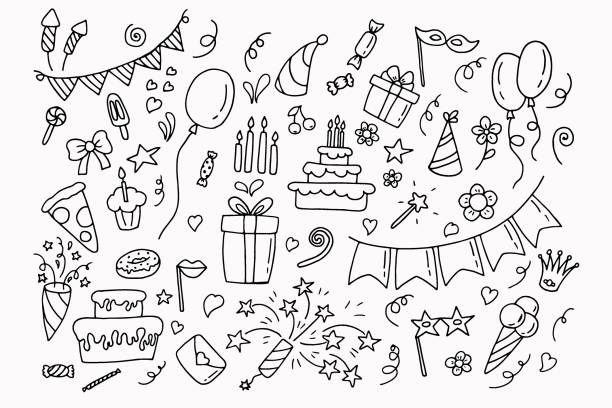 большой праздничный сет. вечеринка время каракули клипарт с фейерверком, партия шляпу, торт ко дню рождения, праздник подарочная коробка. н� - party hat birthday celebration party stock illustrations