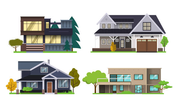 illustrations, cliparts, dessins animés et icônes de ensemble de maison, modèle plat de conception. - modern house