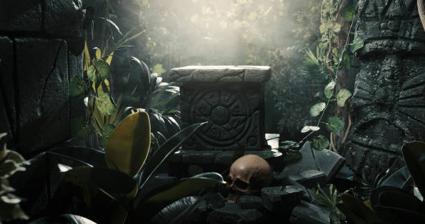 istock Human skull and ancient ruins in the jungle 1313238367