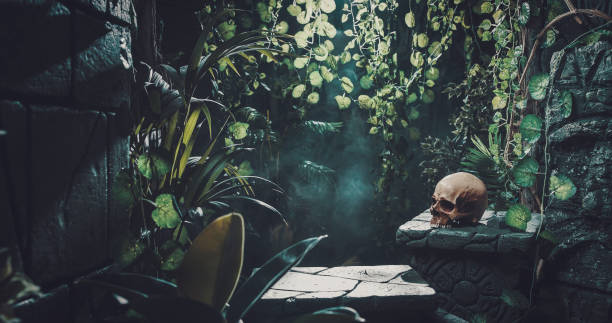 istock Human skull and ancient ruins in the jungle 1313238388