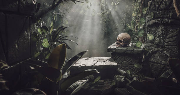 istock Human skull and ancient ruins in the jungle 1313238400