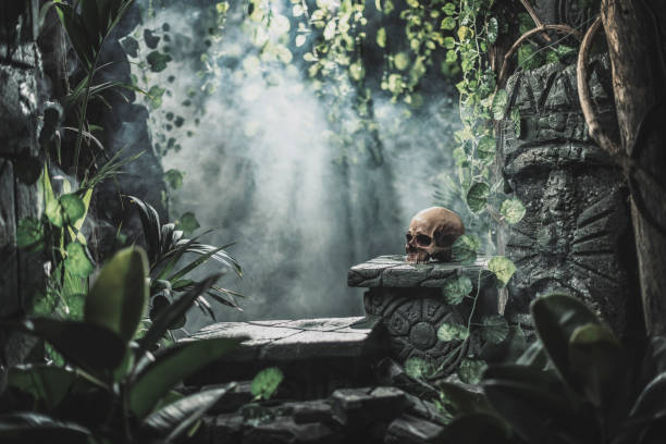 istock Human skull and ancient ruins in the jungle 1313238446