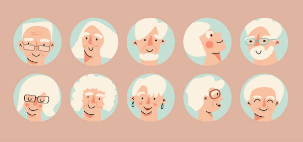 illustrazioni stock, clip art, cartoni animati e icone di tendenza di le persone senior avatar grande set di pacchetti. foto utente più vecchie, diverse icone del viso maturo umano. collezione di avatar nonni isolati. fascio di gioiosi pensionati sorridenti. isolato su sfondo bianco - men human face smiling mature adult