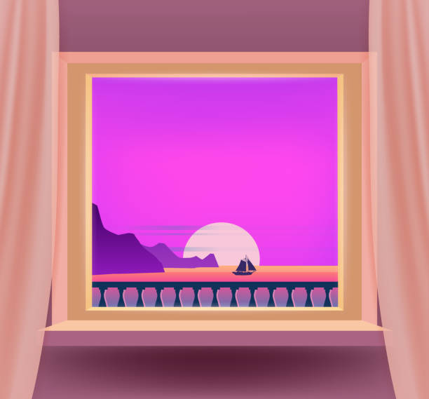istock Open window interior home with a sunset sea ocean landscape, seascape view nature, sailboat, tropical. Tropic summer landscape from view the window with curtains. Vector illustration 1313242283