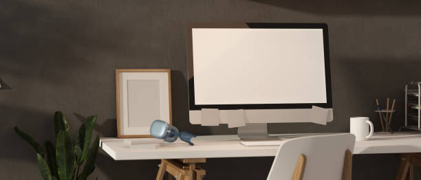 istock 3D rendering, loft office room interior design with computer desk with supplies and stationery 1313242296
