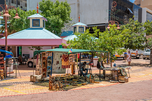 WINDHOEK, NAMIBIA - JAN 18, 2021: Souvenir stand selling african art at the Center of Windhoek, Namibia.