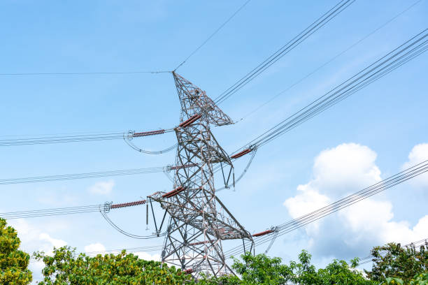 istock Electric high voltage tower with electric line against clear blue sky 1313244231