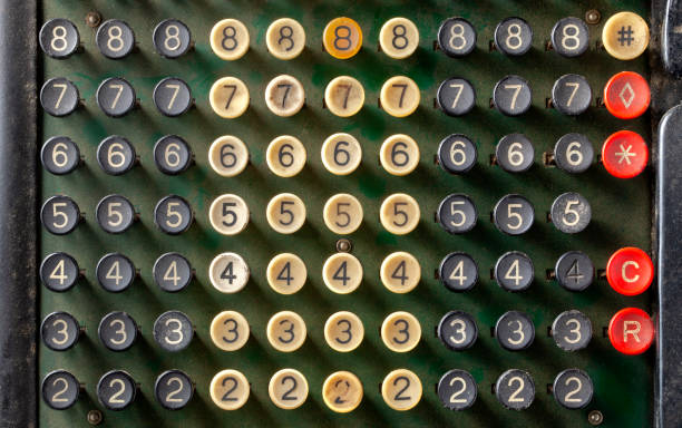 numbers. vintage mechanical numeric calculator. - typing typewriter keyboard typewriter concepts imagens e fotografias de stock