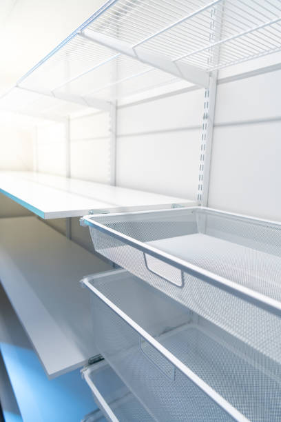 istock Open closet with lighting, with shelves 1313245843