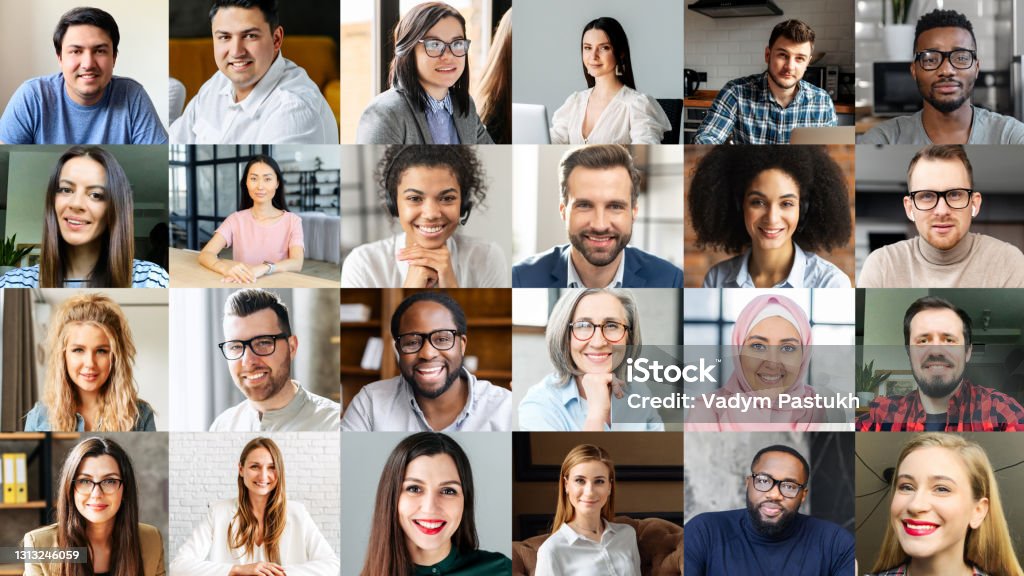 Online conference of diverse employees on the screen Crowded video screen with diverse multinational people on it. Video meeting online for office employees working remotely. Multiracial colleagues involved in online conference, video call. Hr data base Multiracial Group Stock Photo