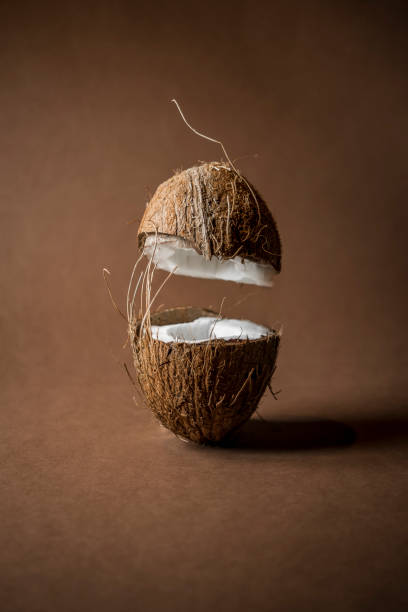 floating coconut sliced in half on a sandy brown background. - sandy brown fotos imagens e fotografias de stock