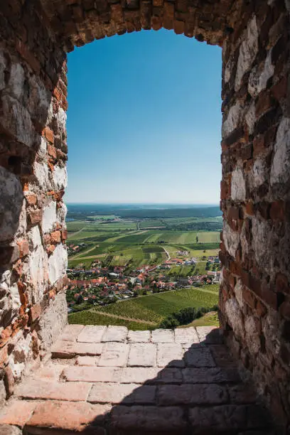 South Moravia land seen through window of Devicky castle