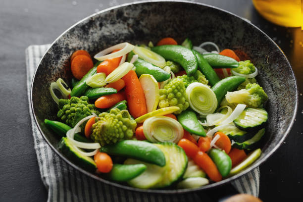 istock Vegan vegetables on pan fried or ready for cooking on table. 1313249396