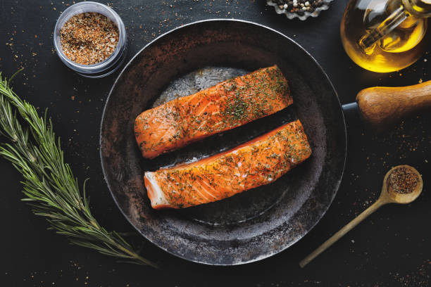 istock Raw salmon pieces with spices and dill on pan. 1313249696