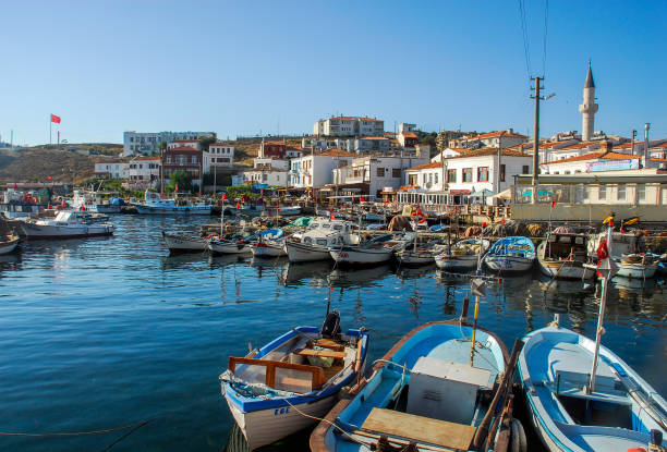 fishing boats in the marina harbor of on the island of bozcaada - çanakkale city imagens e fotografias de stock