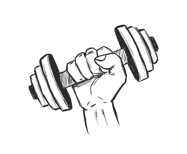 Vector illustration: Hand drawn dumbbell fist. Sketch Design. Gym emlem Hand drawn dumbbell fist. Sketch Design. Gym emlem weightlifting stock illustrations
