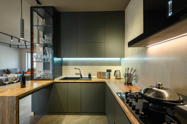 istock Modern large luxury dark gray kitchen closeup 1313250628
