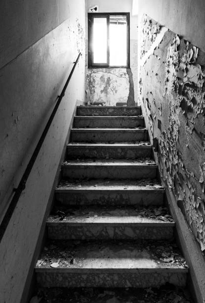 istock Abandoned hospital stairs, monochrome 1313252199