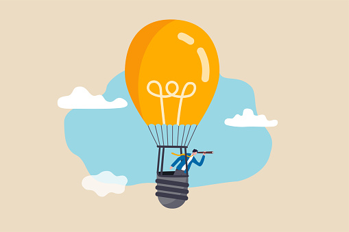 Search for new business opportunity, idea or inspiration, business visionary, challenge or achievement concept, businessman riding light bulb balloon using spyglass or telescope searching for vision.