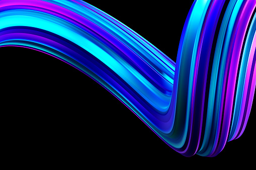 Abstract 3d render of colourful twisted shape with metallic surface lines. Fluid shapes modern background design, neon holographic twisted liquid shapes in motion