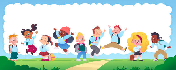 Horizontal banner with multiracial happy school kids group with backpacks smiling, jumping and having fun on green lawn in sunny day. Horizontal banner with multiracial happy school kids group with backpacks smiling, jumping and having fun on green lawn in sunny day. Vector flat cartoon illustration. For advertising, packaging. japanese boy uniform cartoon stock illustrations