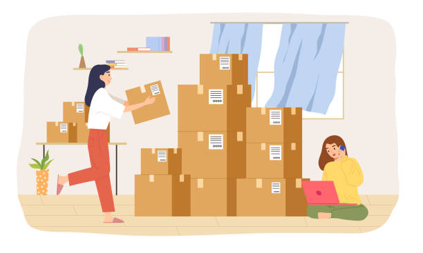Two young females start a business at home. Online business. E-commerce. Self-employed business. Concept of e-commerce, online sale, packing, delivery, Online shopping, home office, logistics. New order, internet. Flat vector illustration character. small business owner on computer stock illustrations