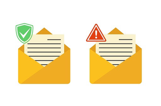 Email icons set. Yellow envelopes with notification, verification, new message, suspicious letter, check marks buttons.