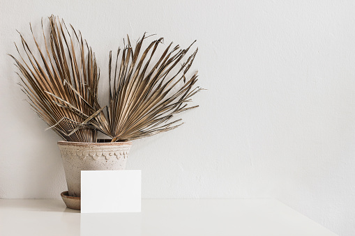 Boho interior still life scene. Blank business card mocku-up. Dry palm leaves in flower pot on table. White wall bacgkgound. Summer tropical design. Elegant working space, home office. Empty copy space.