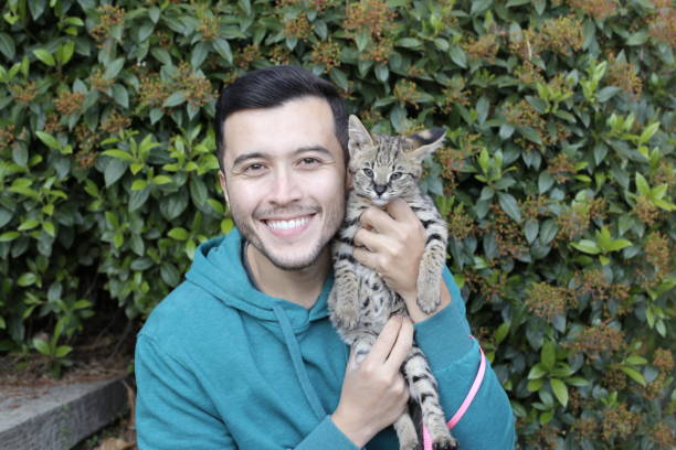 istock Man with baby serval cat 1313258647