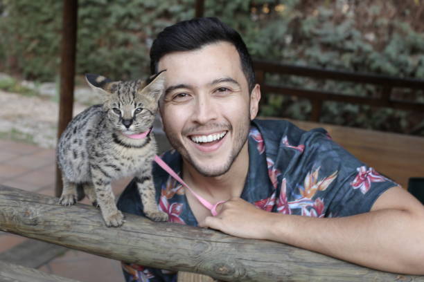 istock Man with baby serval cat 1313258732
