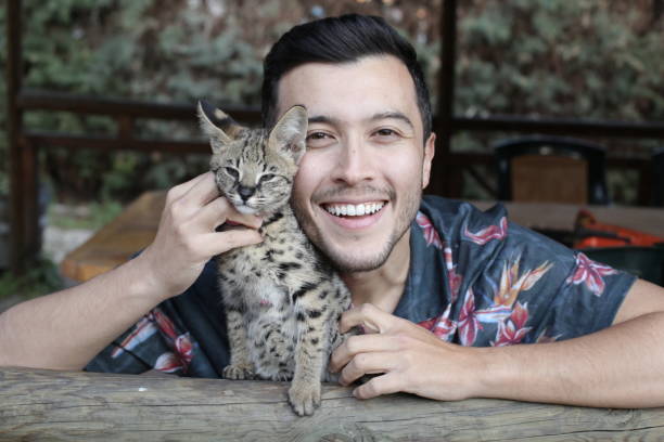 istock Man with baby serval cat 1313258735