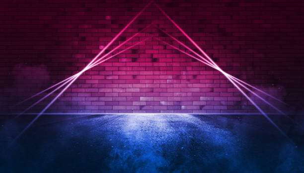 istock Searchlight on neon brick wall with smoke. Neon reflections on wet asphalt. Empty scene with copy space. 1313259727