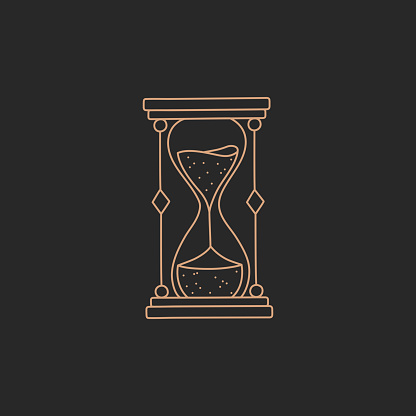 Hourglass or sandglass logo, gold simple contour line, boho style on black background, modern trendy hand drawn vector magic astrology symbol and mystic design element, doodle flat shape illustration