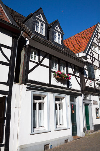 Facade of medieval building in the historical center of Goslar, Germany. Old half-timber house.