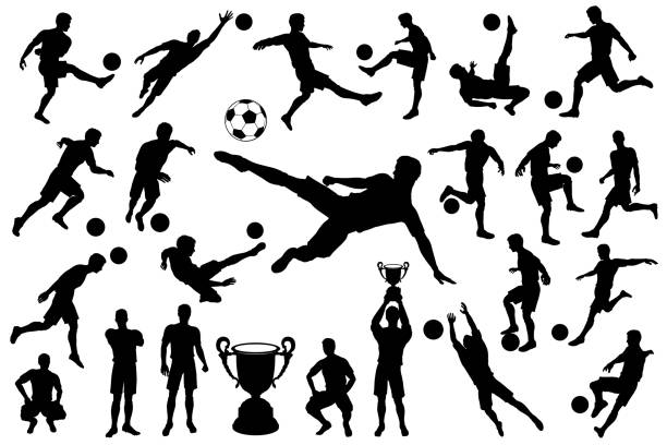 ilustrações de stock, clip art, desenhos animados e ícones de silhouettes soccer player with ball and trophy cup - trophy soccer sport success